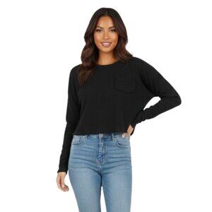 Urban Outfitters Black Waffle Knit Distressed Crop Top Raw Hem Pocket Grunge